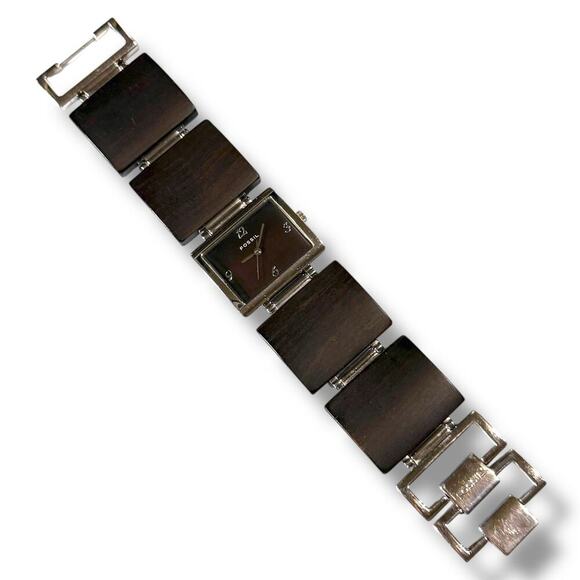 Fossil F2 Watch Womens Silver Tone Wood Grain Rectangle Bracelet Quartz WORKS - Picture 6 of 8